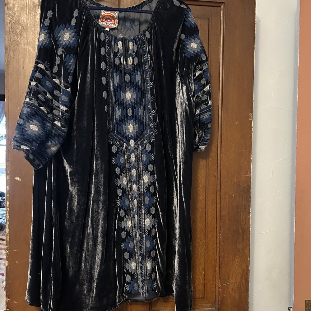 JOHNNY WAS Blue Nomi Velvet Peasant Tunic Dress Blue 2X